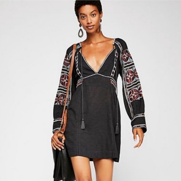 Free People black, All My Life embroidered BoHo V-neck tie front mini dress. - Picture 1 of 15